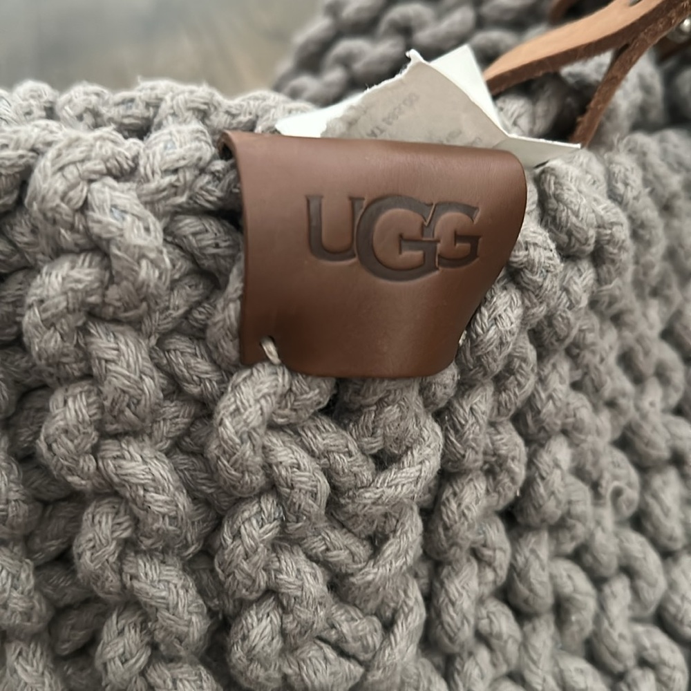 NWT UGG Gray Knit Storage Basket with Tan Leather Handles - Picture 3 of 3